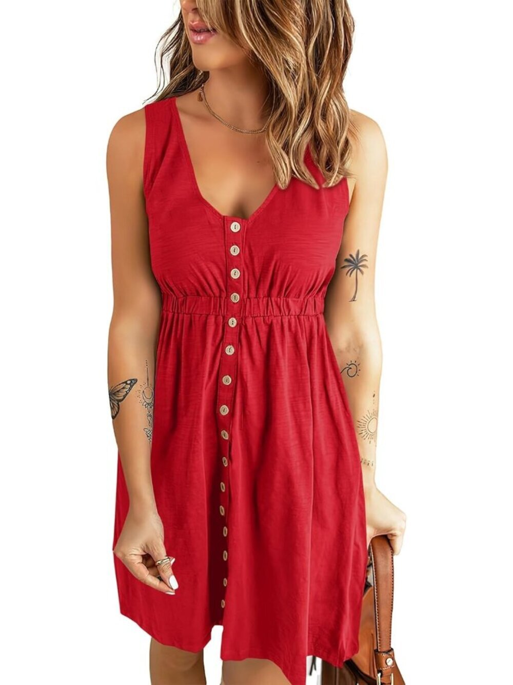 Women's Buttons Red Spring Clothes Sleeveless Crew neck Mini Flowy Sun Dresses